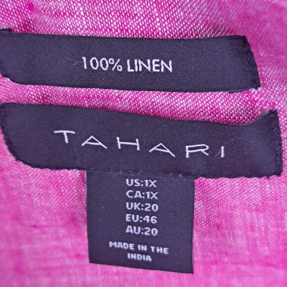 Tahari Size 1X 100% Linen Pink Blouse 3/4 Sleeve Collared V-Neck Side Buttons - Picture 8 of 10